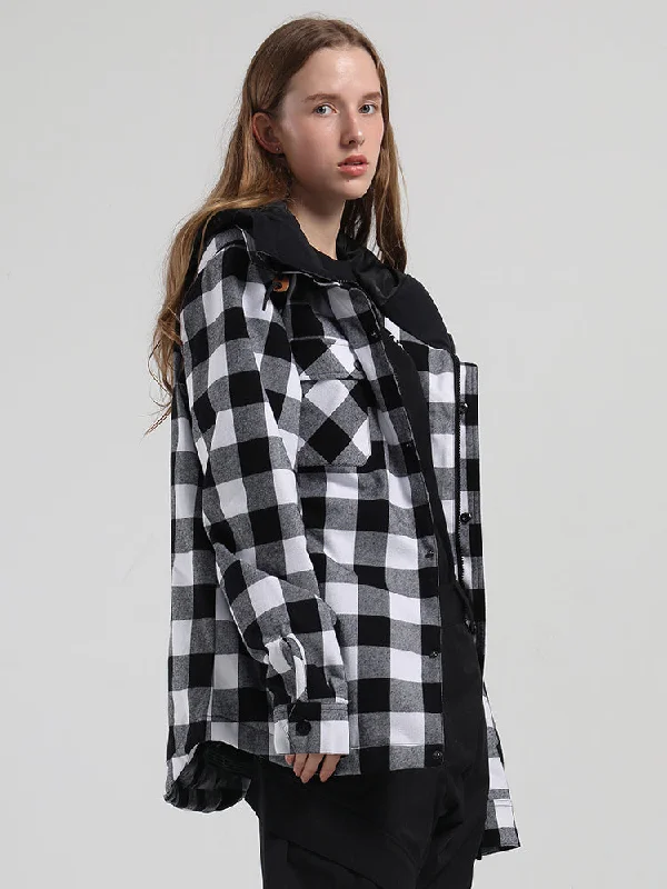 SMN Women's Autumn And Winter Black And White Plaid Shirt Ski Jacket Waterproof Thick Warm Veneer Trend Loose Snow Jacket