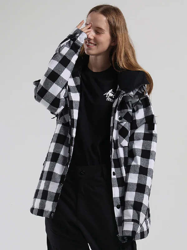 SMN Women's Autumn And Winter Black And White Plaid Shirt Ski Jacket Waterproof Thick Warm Veneer Trend Loose Snow Jacket