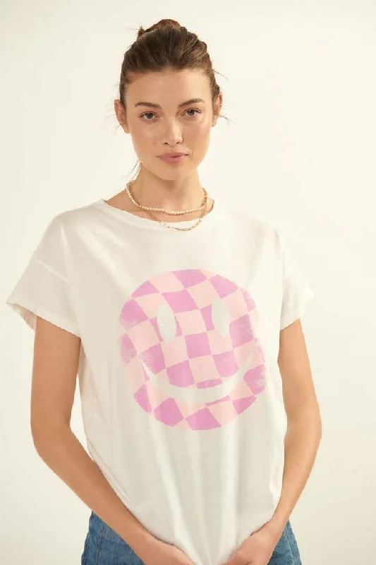 Checker Smiley Face Vintage-Print Graphic Tee