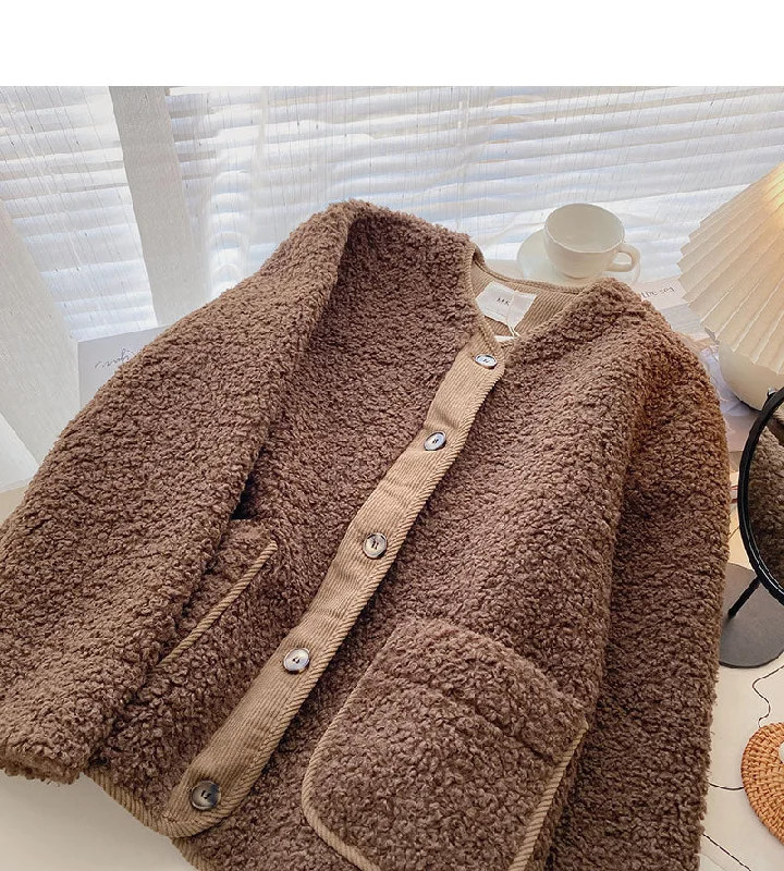 Lamb wool coat female Korean minority design loose pocket long sleeve top  6221