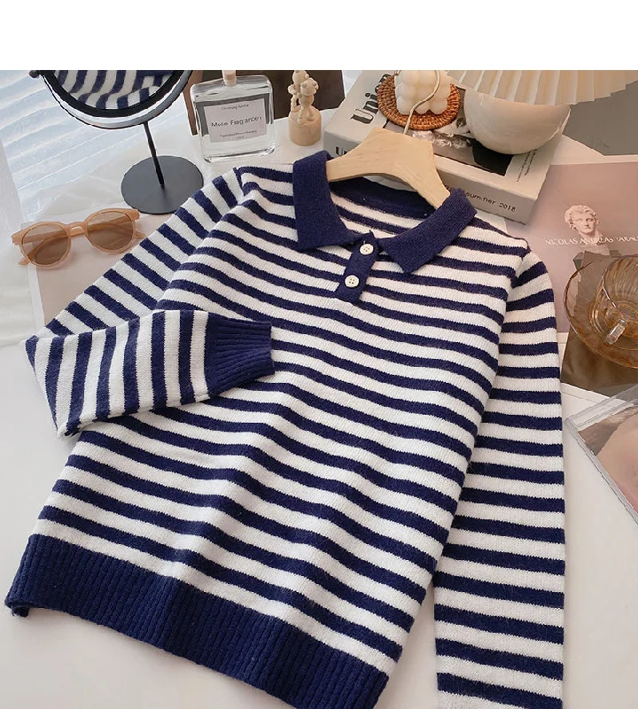 Long Sleeve Striped Sweater Lapel top  6458