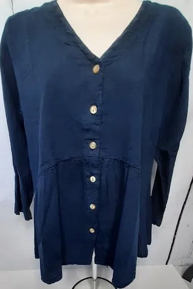 Top-Button Front V-Neck-Long Sleeve-Dark Blue-Women's S-1677