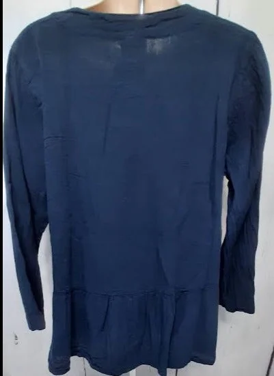 Top-Button Front V-Neck-Long Sleeve-Dark Blue-Women's S-1677