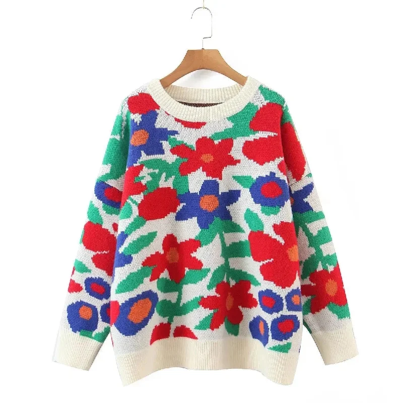 Pull Femme Korean Fashion Big Flower Embroidery Sweater Women O Neck Loose Knitt