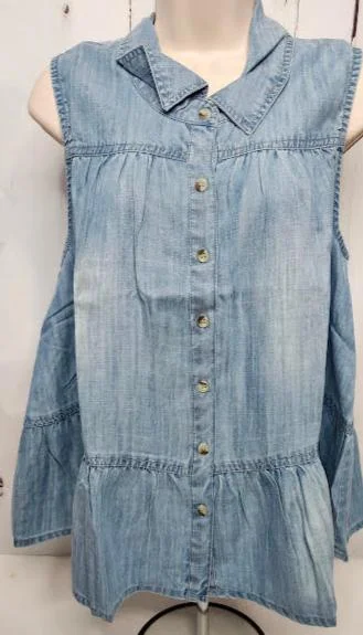 Shirt Button Front Sleeveless Light Blue Wash Women's Dt11228