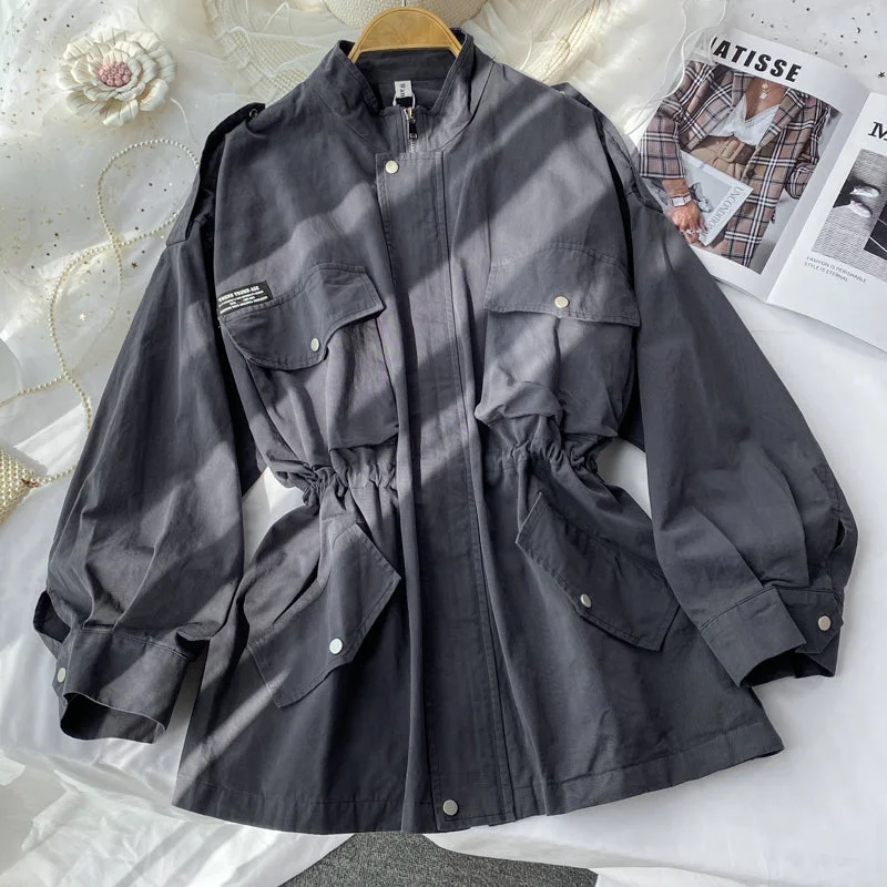 Small windbreaker women's drawstring waist long work clothes casual coat  1684