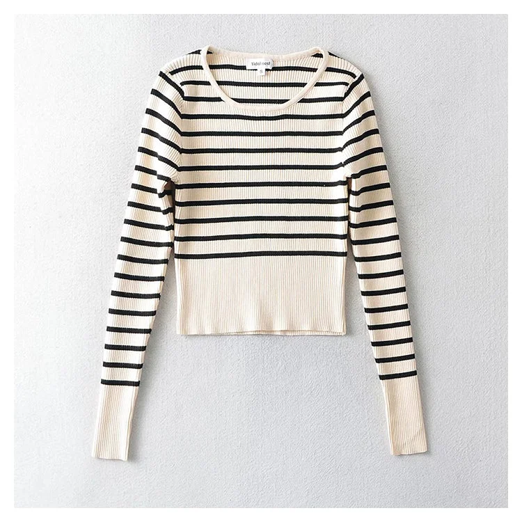 U-neck striped long sleeve slim bottomed sweater for women  7340