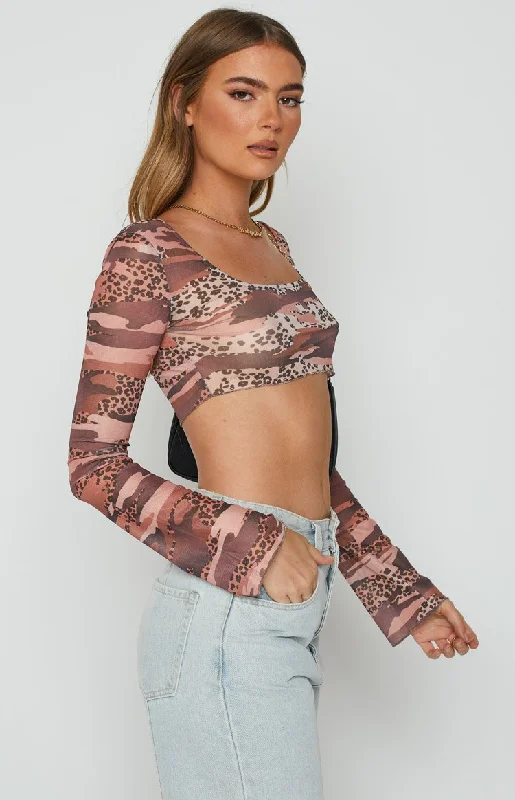 Undercover Brown Print Mesh Top