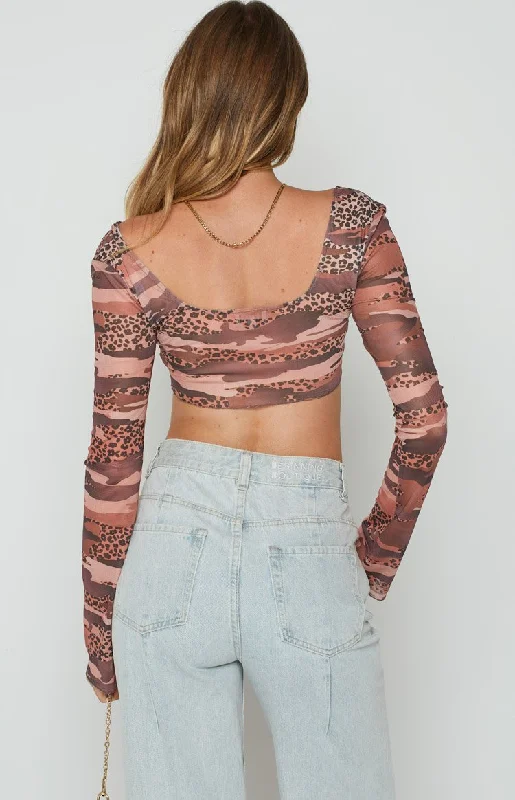 Undercover Brown Print Mesh Top