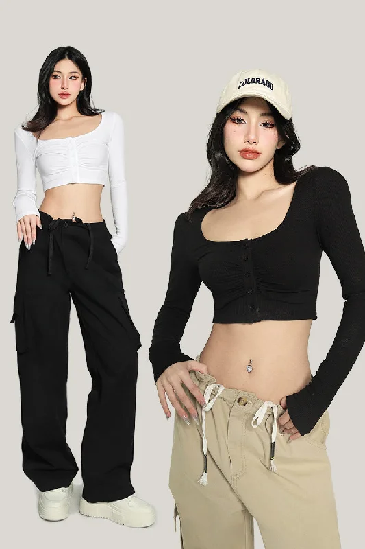 Yielle Solid Color U-Neck Button Up Long Sleeve Slim Cropped Top