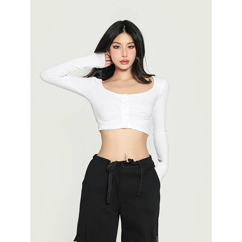 Yielle Solid Color U-Neck Button Up Long Sleeve Slim Cropped Top