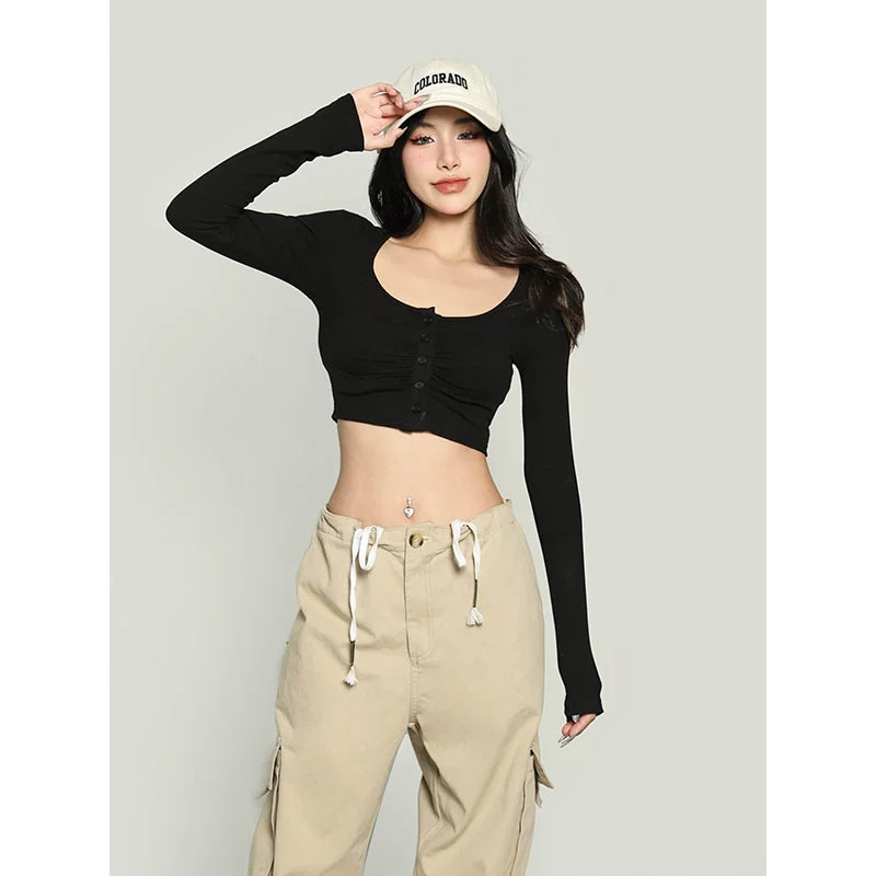 Yielle Solid Color U-Neck Button Up Long Sleeve Slim Cropped Top