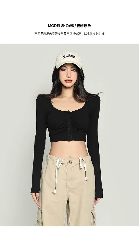 Yielle Solid Color U-Neck Button Up Long Sleeve Slim Cropped Top