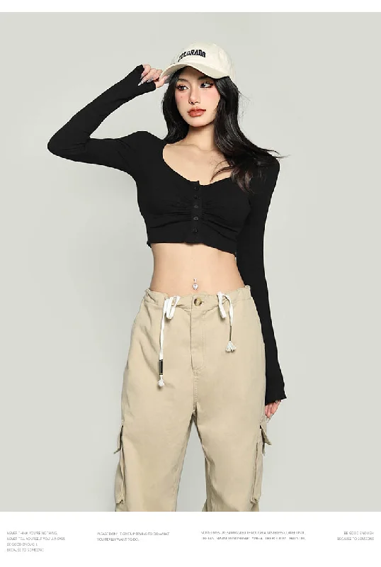 Yielle Solid Color U-Neck Button Up Long Sleeve Slim Cropped Top