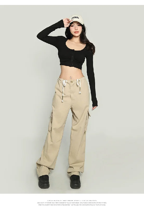 Yielle Solid Color U-Neck Button Up Long Sleeve Slim Cropped Top