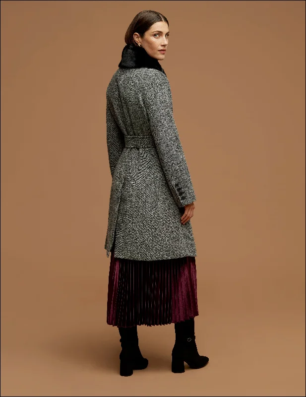 Belted Wrap Wool Coat With Fur Collar