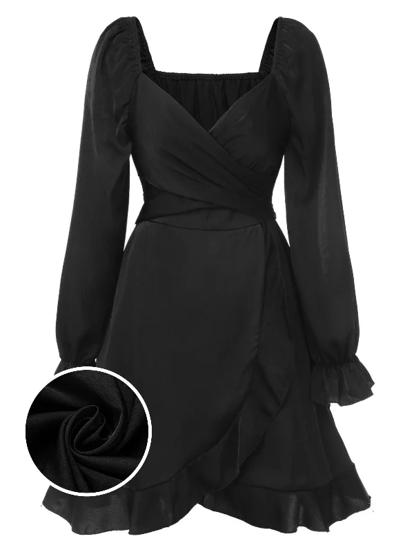 Black 1950s Solid Ruffles V-Neck Dress