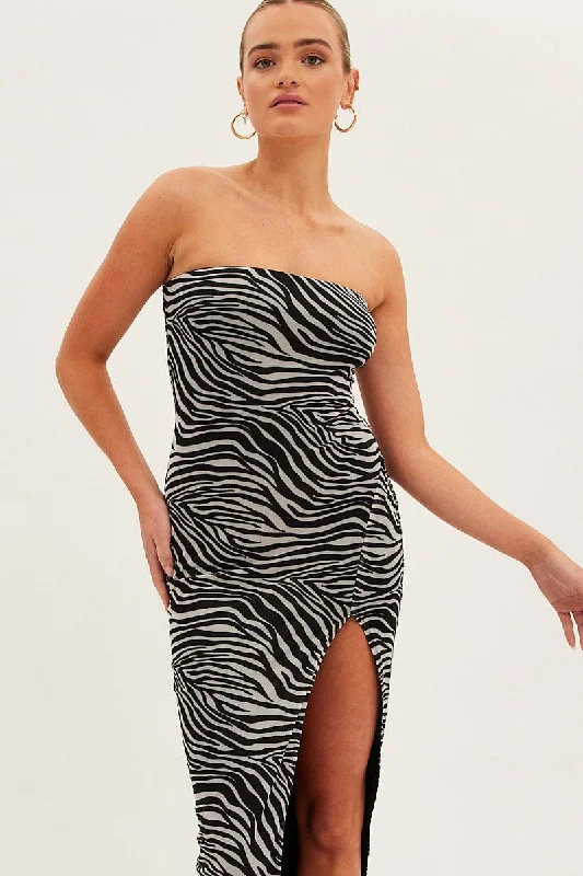 Black Animal Print Bodycon Dress Midi Strapless Side Split Mesh