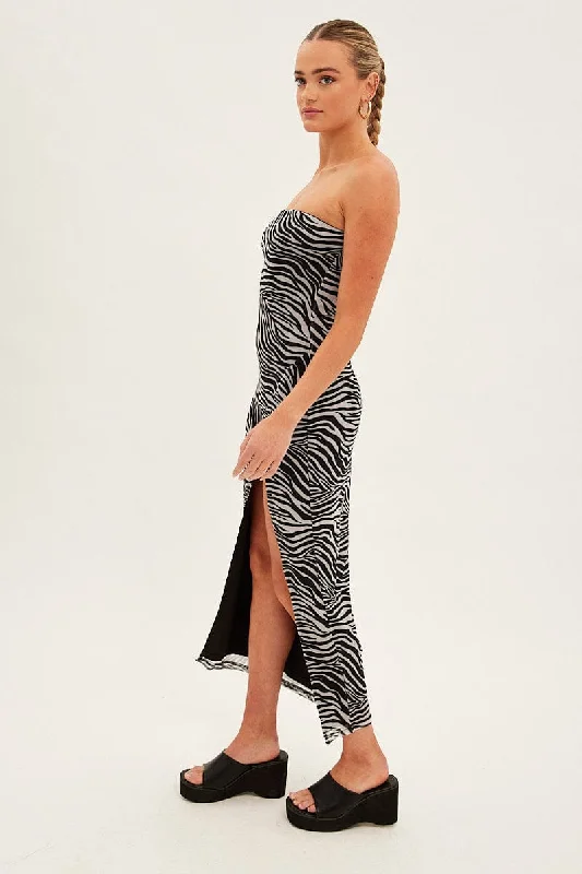 Black Animal Print Bodycon Dress Midi Strapless Side Split Mesh