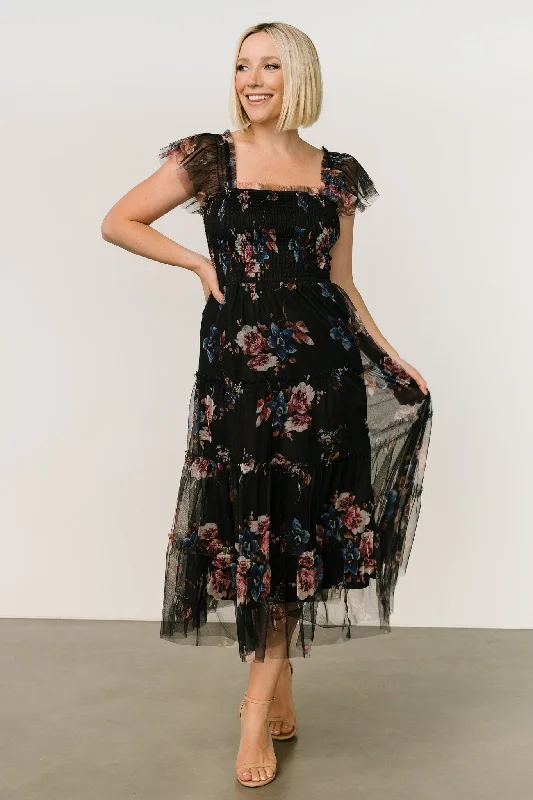 Clementine Tulle Midi Dress | Black Multi