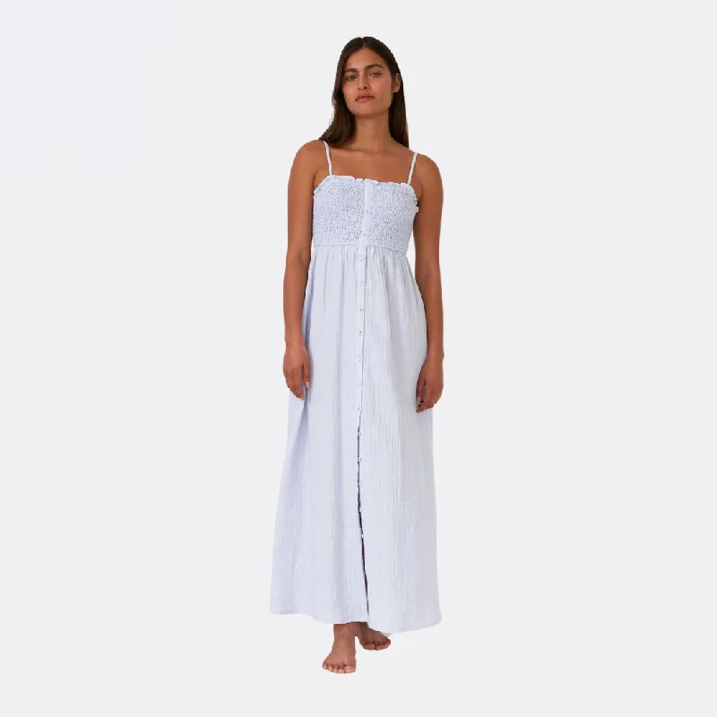 Cotton Button Front Smocked Sleeveless Maxi Dress (Dusty Blue)