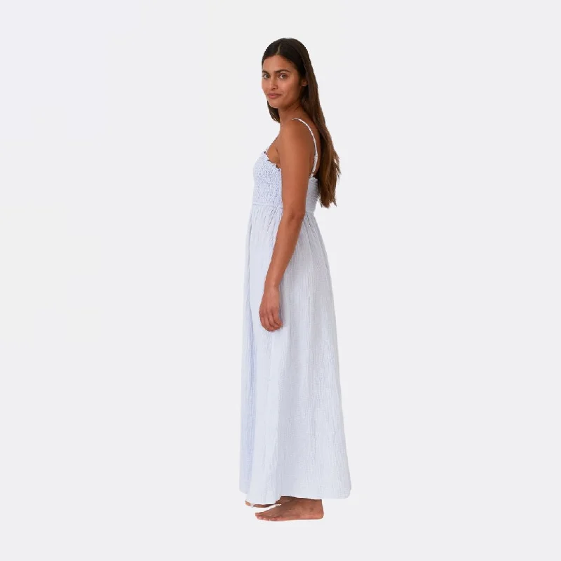 Cotton Button Front Smocked Sleeveless Maxi Dress (Dusty Blue)