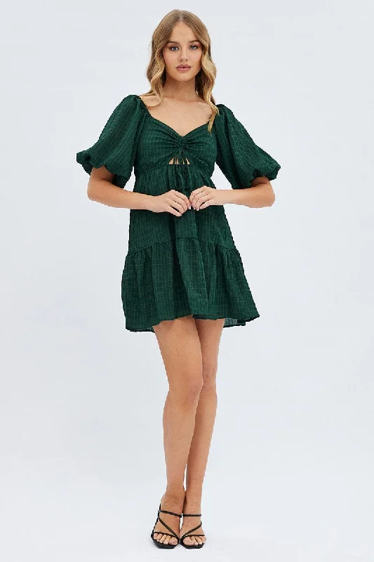 Green Fit And Flare Dress Mini Ruched Bust