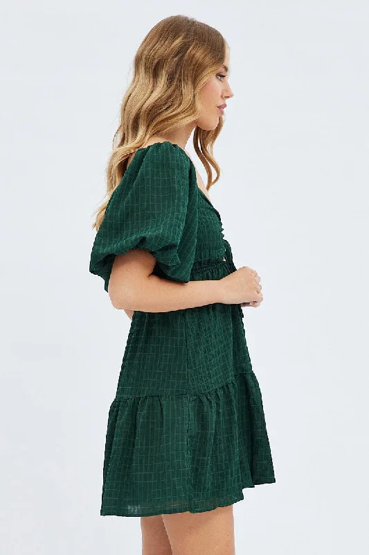 Green Fit And Flare Dress Mini Ruched Bust