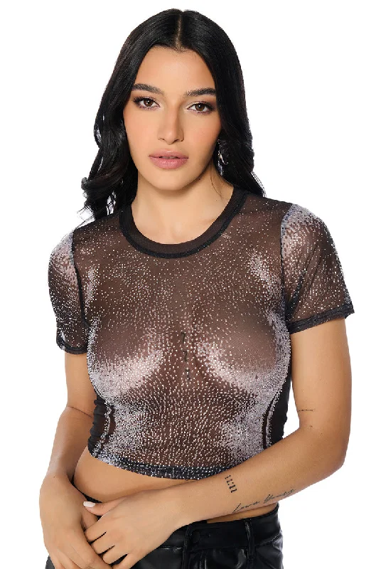 OUT OF THIS GALAXY RHINESTONE MESH T-SHIRT