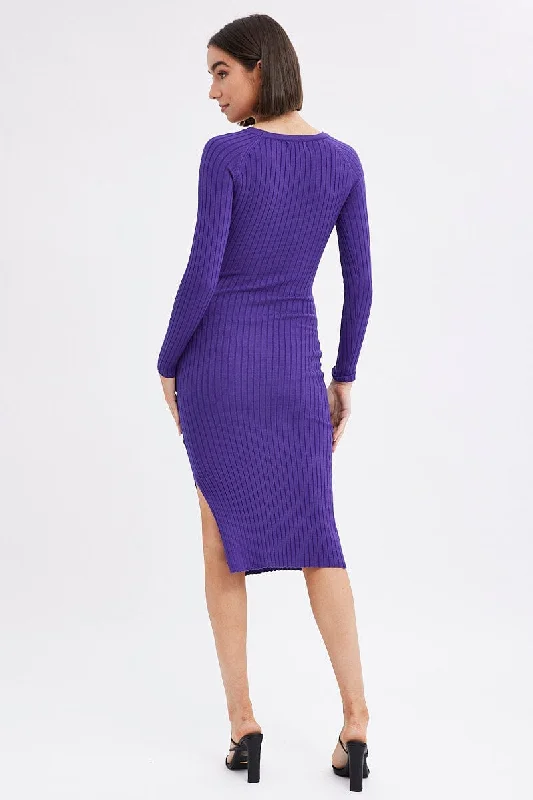 Purple Midi Dress Long Sleeve Round Neck Keyhole Rib Knit