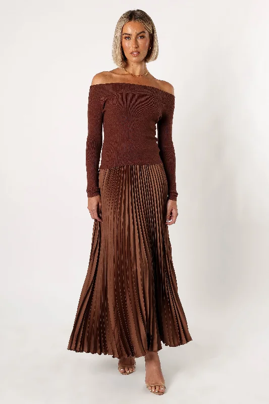 Slate Off Shoulder Pleated Midi Dress - Bronze