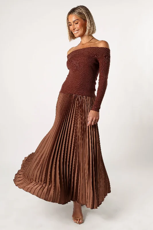 Slate Off Shoulder Pleated Midi Dress - Bronze