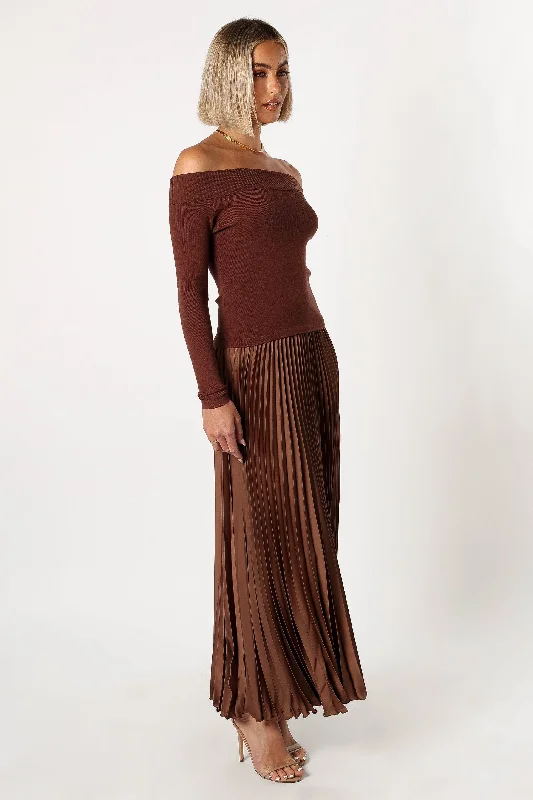 Slate Off Shoulder Pleated Midi Dress - Bronze