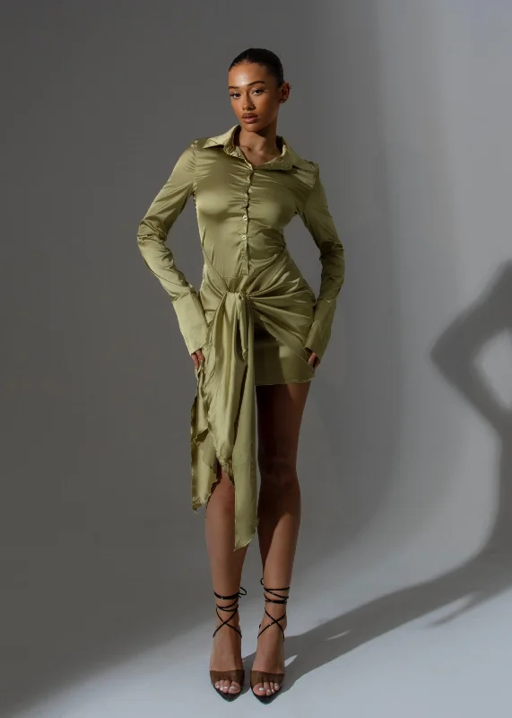 THE TIE SIDE SHIRT DRESS OLIVE GREEN