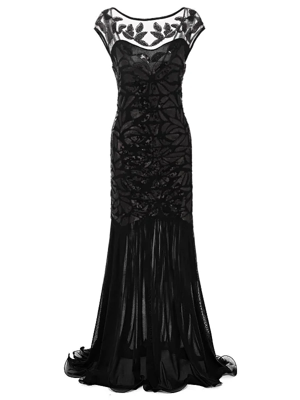 [US Warehouse] Black 1920s Sequin Maxi Flapper Dress & 5PCS Accessories