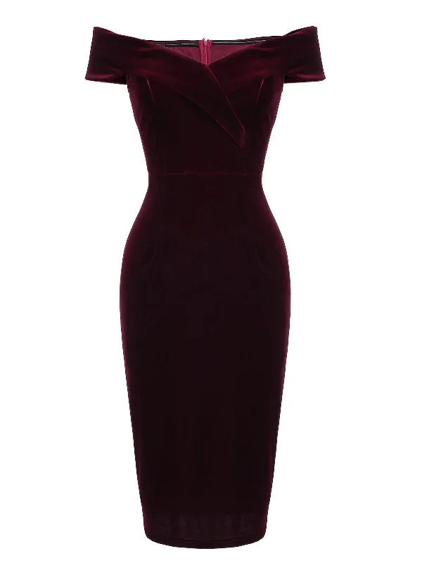 Wine Red 1960s Velvet Bodycon Vintage Dress