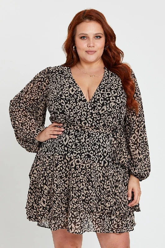 Animal Print Long Sleeve Frill Hem Leopard Skater Dress