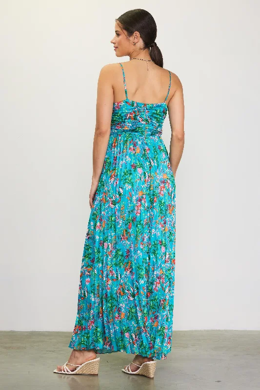 Ariel Tropical Print Pleated Maxi Dress