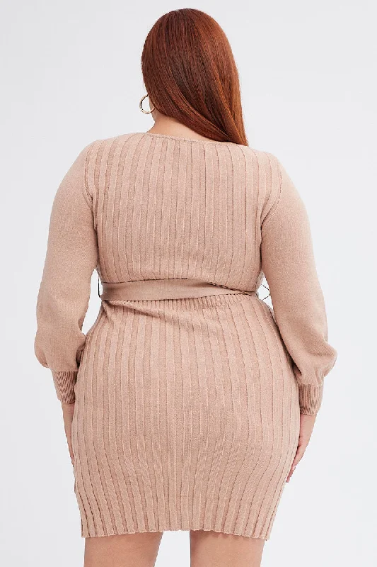 Beige Knit Dress Long Sleeve Wide Rib Belted