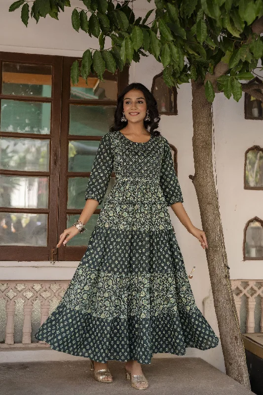 Women Green Printed Gathered Dress With Gotta Patti & Zari Work