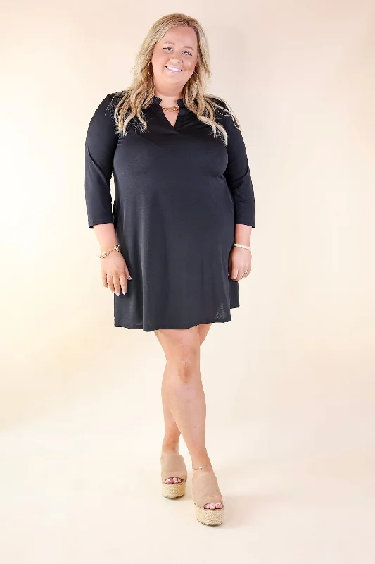 Best Discovery 3/4 Sleeve Mandarin Collar Dress in Black