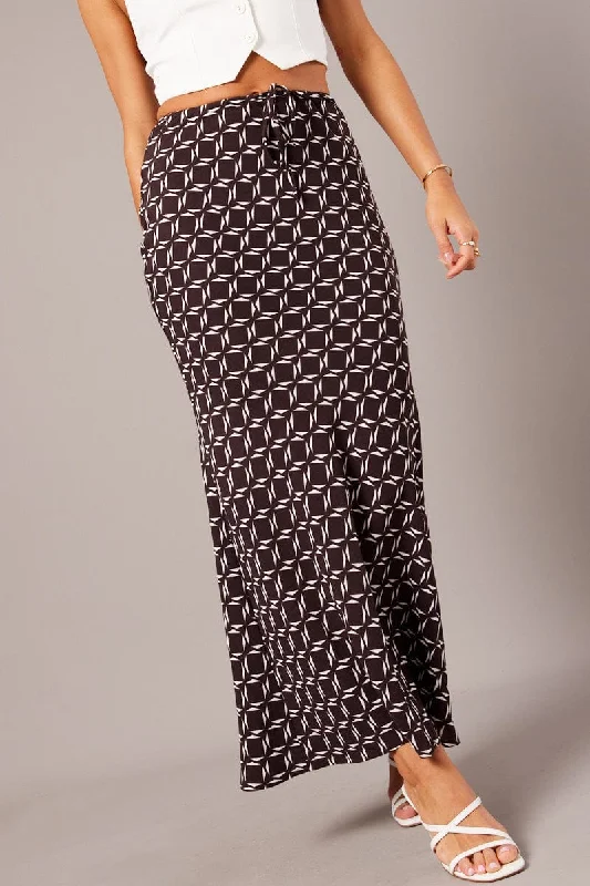 Brown Geo Slip Skirt Maxi Drawstring Waist