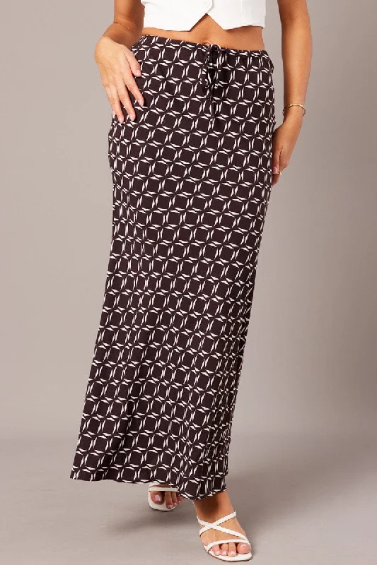 Brown Geo Slip Skirt Maxi Drawstring Waist