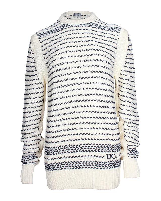 Dior Embroidered Chevron Knit Sweater in Cream Cotton