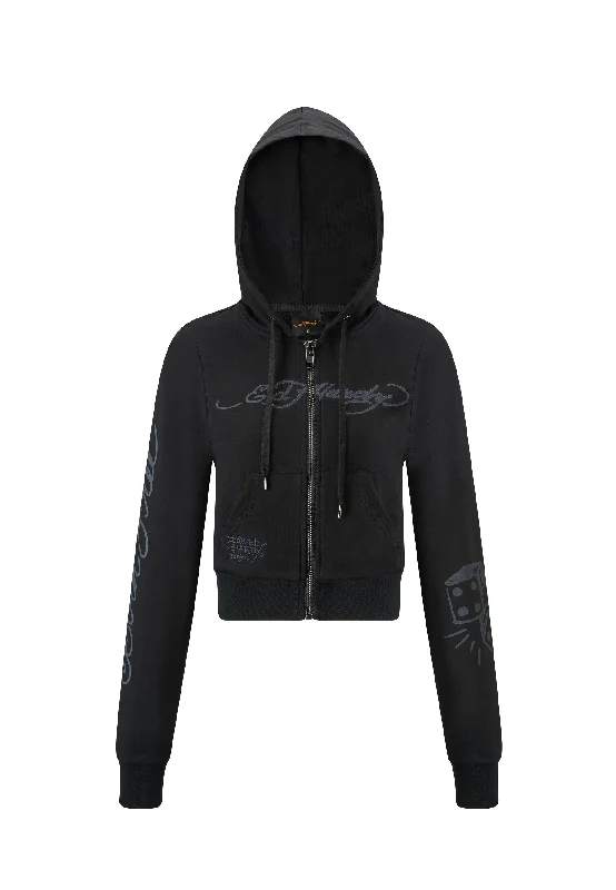 Womens Eagle-Till-Death Cropped Zip Through Hoody - Washed Black