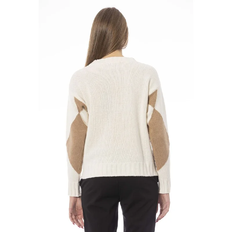 Elegant Beige Wool-Blend Boat Neck Sweater