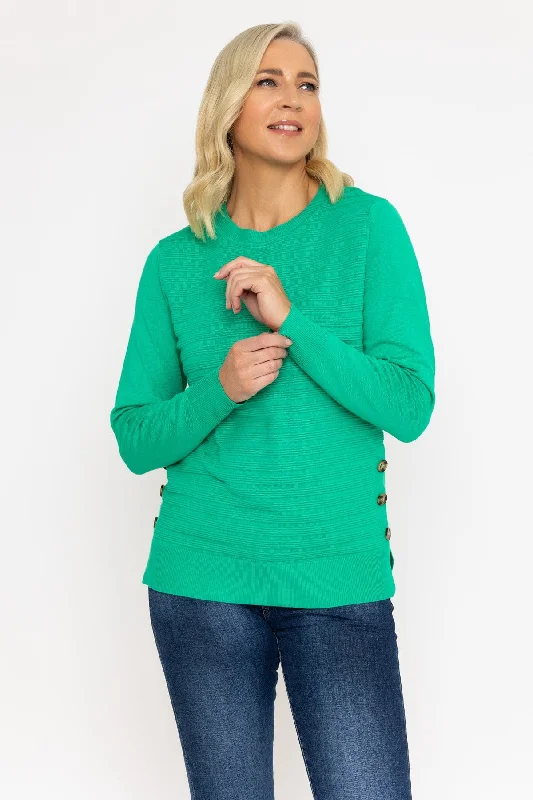 Green Ribbed Knit Sweater With Buttons