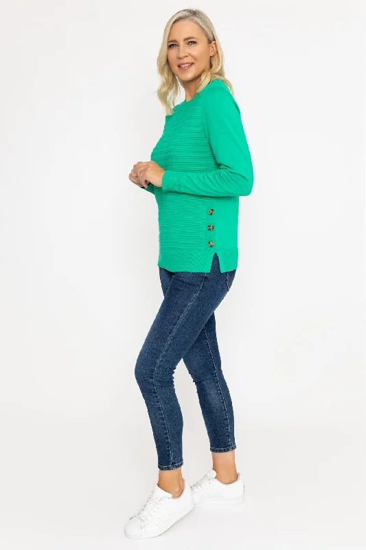 Green Ribbed Knit Sweater With Buttons