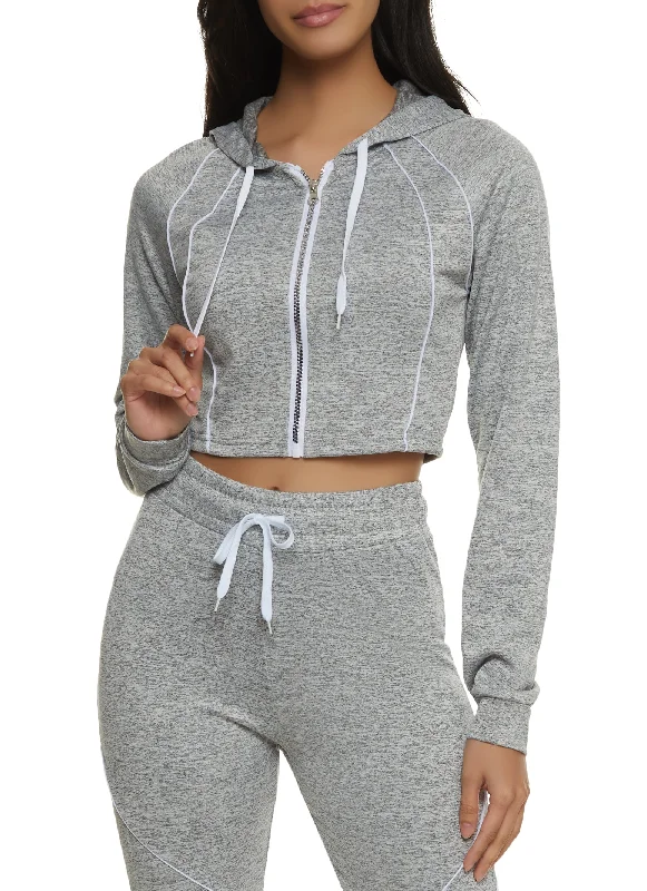 Contrast Piping Cropped Zip Front Hoodie