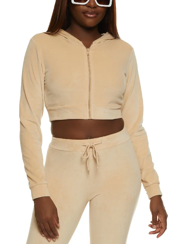 Velour Zip Front Cropped Hoodie